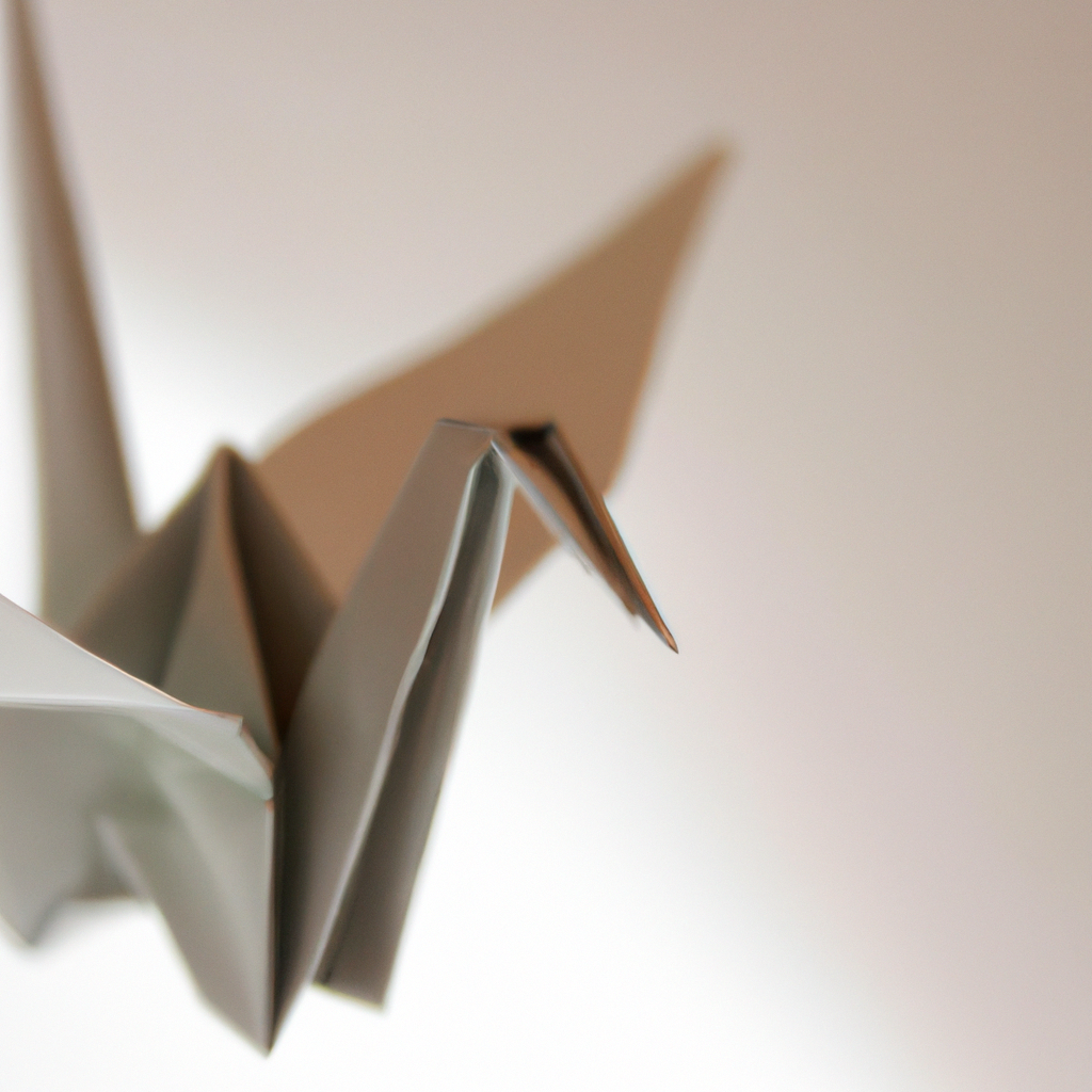Grue en origami minimaliste sur papier texturé, lumière douce et neutre